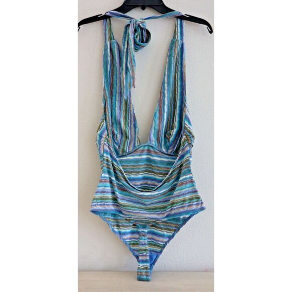 Intimately x FP OB1567379 Women's Sz M Blue Combo Retro Babe Halter Bodysuit - Picture 2 of 8